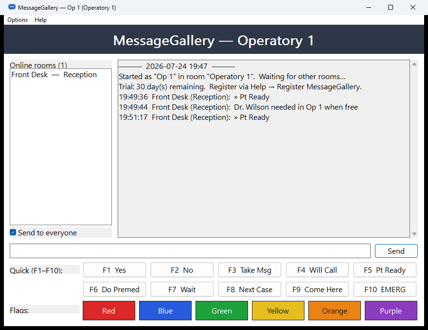 MessageGallery main window showing rooms online, message history, quick messages and flags